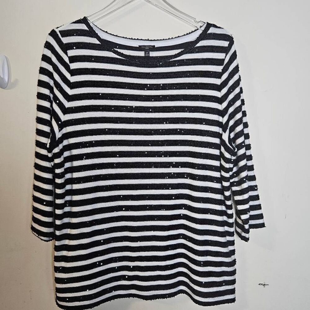 Talbots Stipred Sequin Long Sleeve Top Black & White
